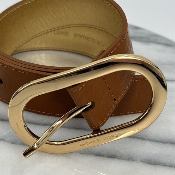 Michael Kors gold and faux leather brown mk embossed belt - Picture 2 of 8